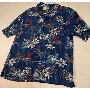Aloha Joe Men's L Blue Multicolor Floral Hawaiian Woven Short Sleeve Button-Up